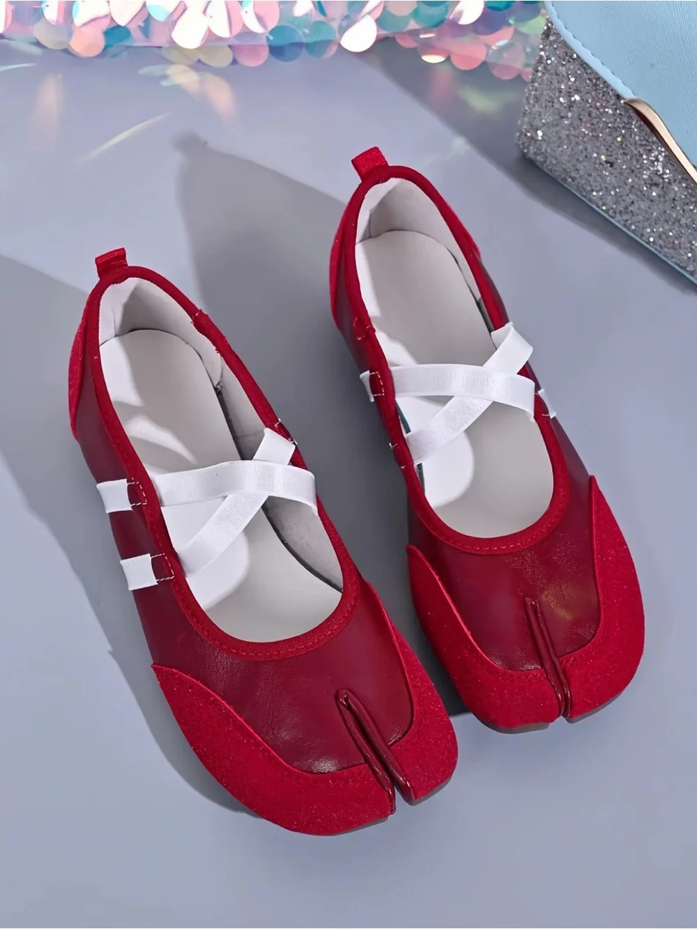 Red Split-Toe Tabi Ballet Flats with Elastic Cross Straps